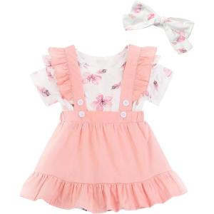 imageUhnice Baby Girl Summer Skirt Set Ruffle Floral Romper Overall Dress with Headband
