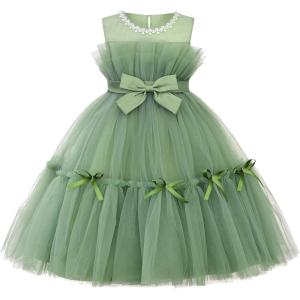 imageUhnice Flower Girl Bow Dress Sleeveless Tulle Gown with Pearl Beading for Wedding Birthday PartyGreen