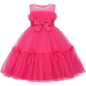 imageUhnice Flower Girl Bow Dress Sleeveless Tulle Gown with Pearl Beading for Wedding Birthday PartyHot Pink