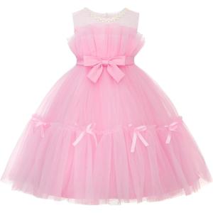 imageUhnice Flower Girl Bow Dress Sleeveless Tulle Gown with Pearl Beading for Wedding Birthday PartyPink