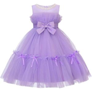 imageUhnice Flower Girl Bow Dress Sleeveless Tulle Gown with Pearl Beading for Wedding Birthday PartyPurple