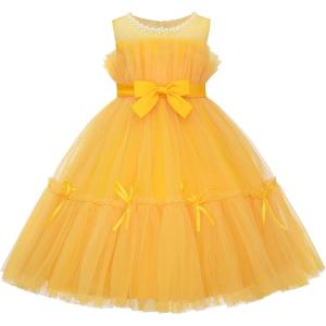 imageUhnice Flower Girl Bow Dress Sleeveless Tulle Gown with Pearl Beading for Wedding Birthday PartySunshine Yellow