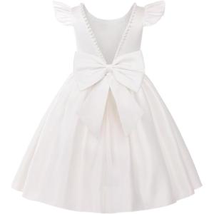 imageUhnice Flower Girl Pearl Dress Flutter Sleeve VBack Satin Dress with Bowknot for Wedding Birthday PartyIvory