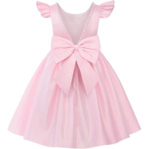 imageUhnice Flower Girl Pearl Dress Flutter Sleeve VBack Satin Dress with Bowknot for Wedding Birthday PartyPink
