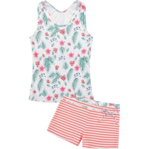 imageUhnice Girls Swimsuit Two Piece Tankini Swimwear with BoyshortOrange Stripe Green Leaf