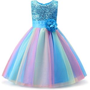 imageUhnice Little Girls Sequin Sleeveless Mesh Rainbow Dress for Wedding PartyBlue