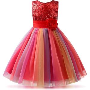 imageUhnice Little Girls Sequin Sleeveless Mesh Rainbow Dress for Wedding PartyRed