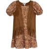 imageSpeechless Girls Puff Sleeve Smocked Bodice Chiffon Dress and Fringe VestCamelBrown