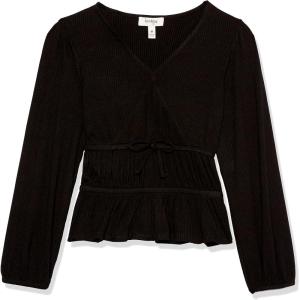 imageSpeechless Girls Long Sleeve Rib Knit Faux Wrap TopBlack