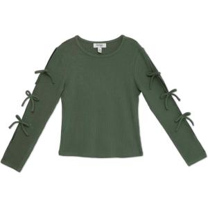 imageSpeechless Girls Long Sleeve Rib Knit Top with Side Slit and Bow DetailOlive