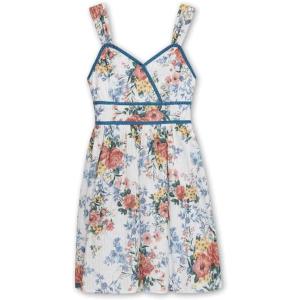 imageSpeechless Girls Printed Cotton Voile Skater Dress with Velvet Trim ampamp Surplice TopWhiteDenim