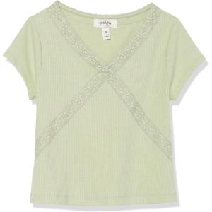 imageSpeechless Girls Short Sleeve Rib Knit and Lace Accent TopGreen