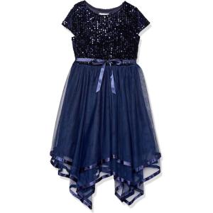 imageSpeechless Girls Short Sleeve Sequin Bodice Tulle Skirt Party Dress with Hanky HemNavy