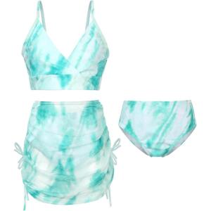 imageUhnice Girls 3 Pieces Swimsuit Tie Dye Bikini Set Bathing Suit with Cover Up Beach SkirtGreen
