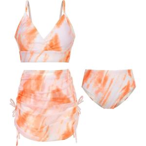 imageUhnice Girls 3 Pieces Swimsuit Tie Dye Bikini Set Bathing Suit with Cover Up Beach SkirtOrange