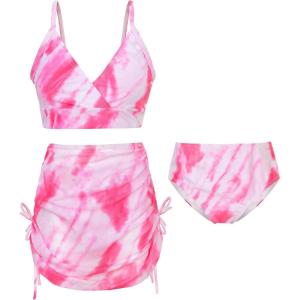 imageUhnice Girls 3 Pieces Swimsuit Tie Dye Bikini Set Bathing Suit with Cover Up Beach SkirtPink