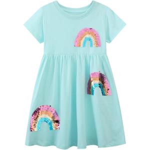 imageUhnice Girls Cotton Casual Dress Sequin Rainbow TShirt Dress SummerBlue