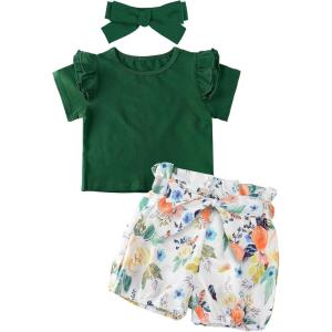 imageUhnice Toddler Baby Girls Summer Clothing Set Ruffle Short Sleeve TShirt Floral Shorts Outfit with Headband