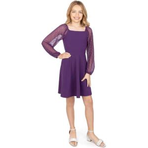 imageSpeechless Girls Scuba Crepe Party Dress with Long Sheer Dew Drop SleevesPlum