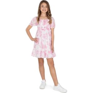 imageSpeechless Girls Smocked Floral Print Puff Sleeve Party Dress with Lace TrimWhitePink