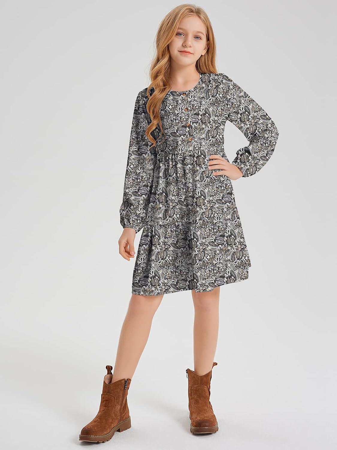 imageQuedoris Girls Casual Dress Printed and Solid Color Lantern Sleeve Loose Flowy Swing Shift Dress with Button