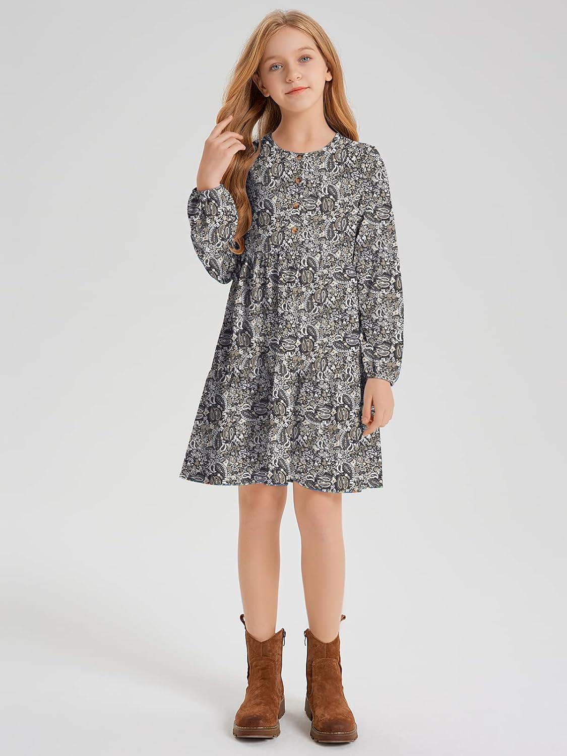 imageQuedoris Girls Casual Dress Printed and Solid Color Lantern Sleeve Loose Flowy Swing Shift Dress with Button