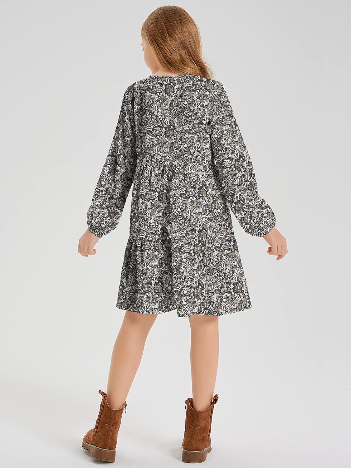 imageQuedoris Girls Casual Dress Printed and Solid Color Lantern Sleeve Loose Flowy Swing Shift Dress with Button