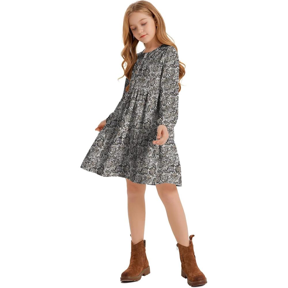 imageQuedoris Girls Casual Dress Printed and Solid Color Lantern Sleeve Loose Flowy Swing Shift Dress with Button
