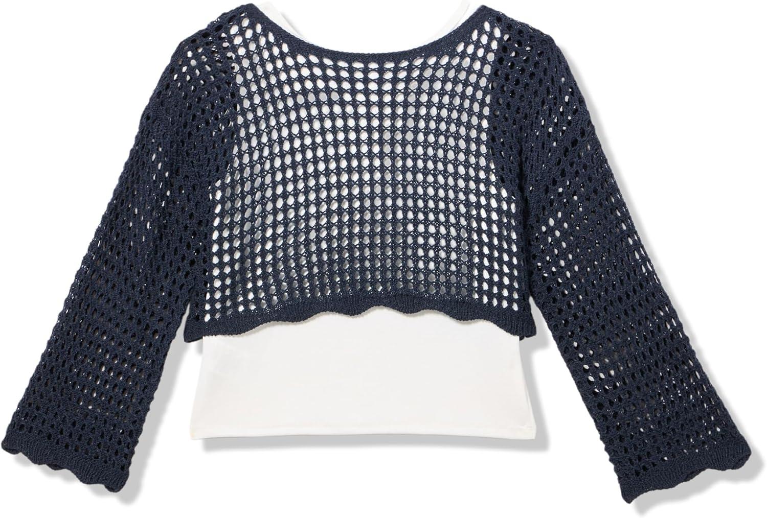 imageSpeechless Baby Girls 2Piece Long Sleeve Crochet Sweater with TankNavy