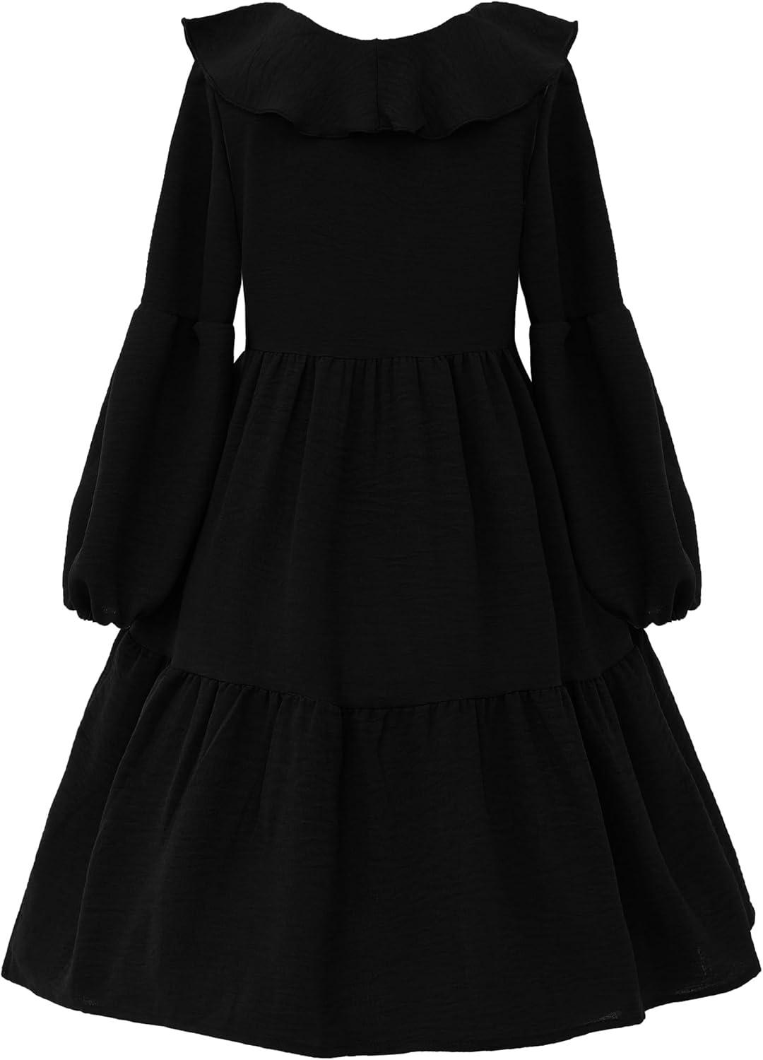 imageUhnice Girls Ruffled Tiered Dress Long Sleeves Loose Fit Casual SundressBlack