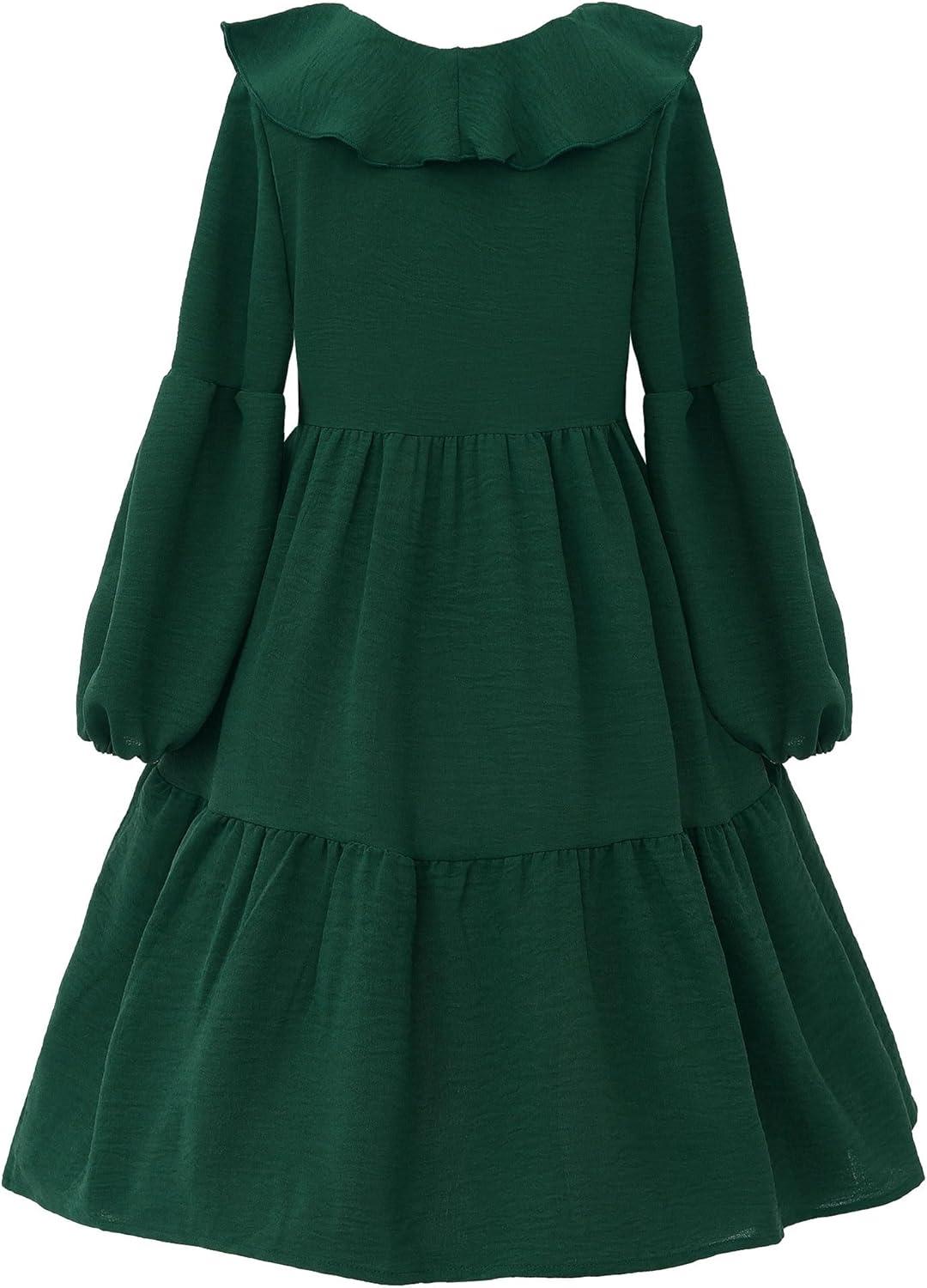 imageUhnice Girls Ruffled Tiered Dress Long Sleeves Loose Fit Casual SundressDark Green