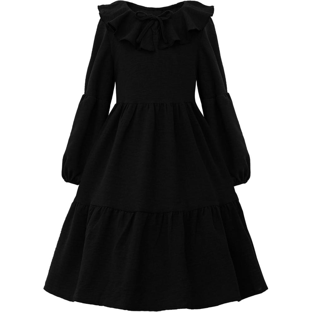 imageUhnice Girls Ruffled Tiered Dress Long Sleeves Loose Fit Casual SundressBlack