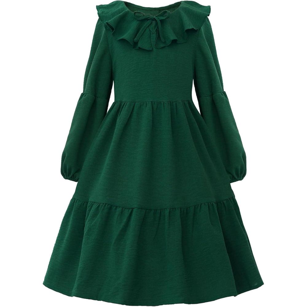 imageUhnice Girls Ruffled Tiered Dress Long Sleeves Loose Fit Casual SundressDark Green