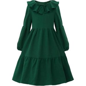 imageUhnice Girls Ruffled Tiered Dress Long Sleeves Loose Fit Casual SundressDark Green
