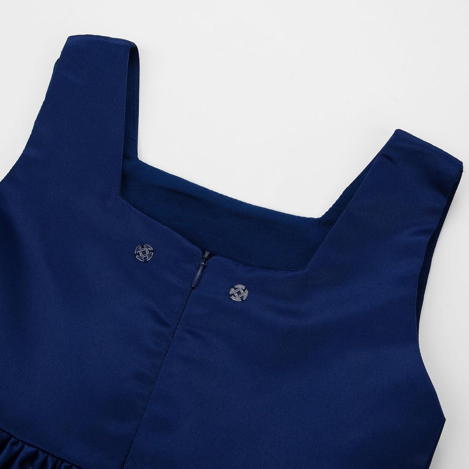 imageUhnice Flower Girl Satin Dress Sleeveless Dresses with Detachable Bow for Wedding PartyNavy Blue