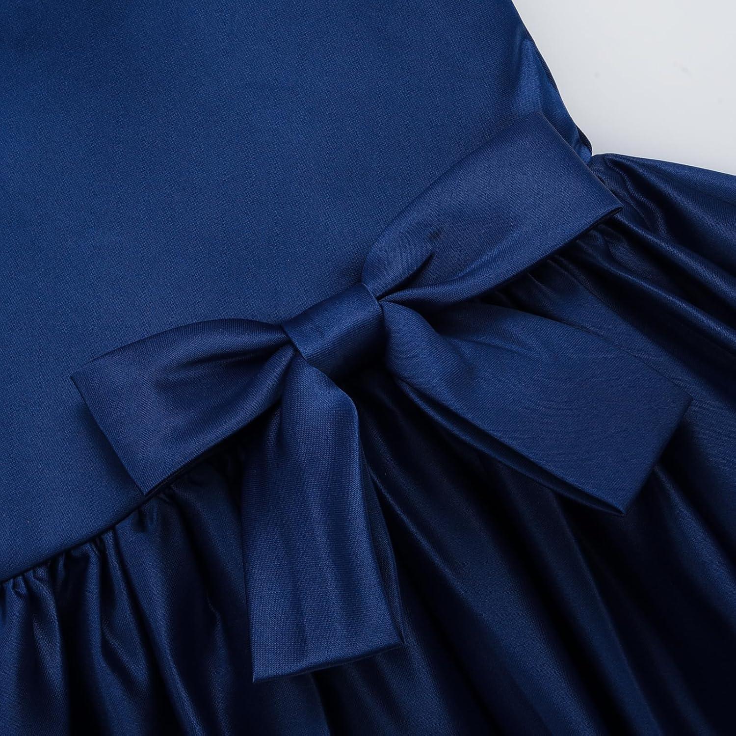 imageUhnice Flower Girl Satin Dress Sleeveless Dresses with Detachable Bow for Wedding PartyNavy Blue