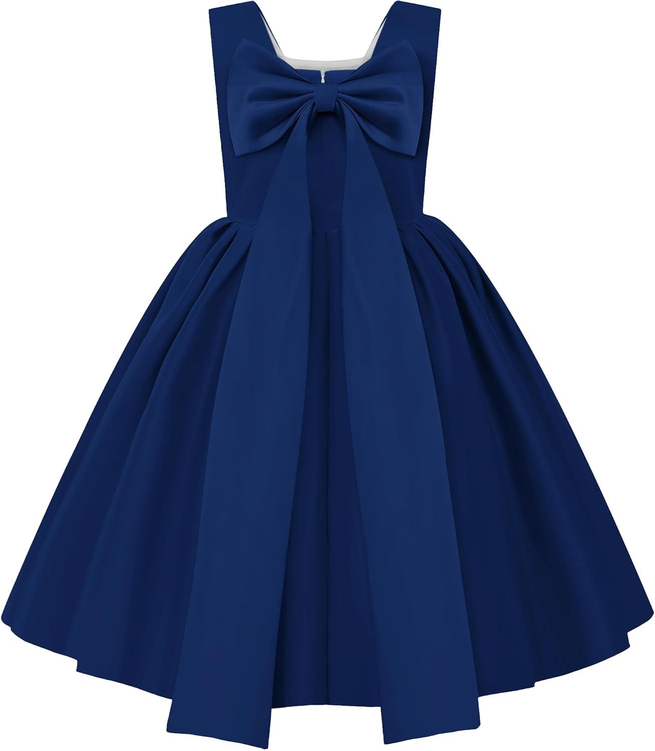 imageUhnice Flower Girl Satin Dress Sleeveless Dresses with Detachable Bow for Wedding PartyNavy Blue