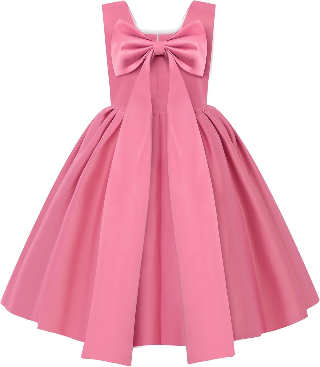 imageUhnice Flower Girl Satin Dress Sleeveless Dresses with Detachable Bow for Wedding PartyPink