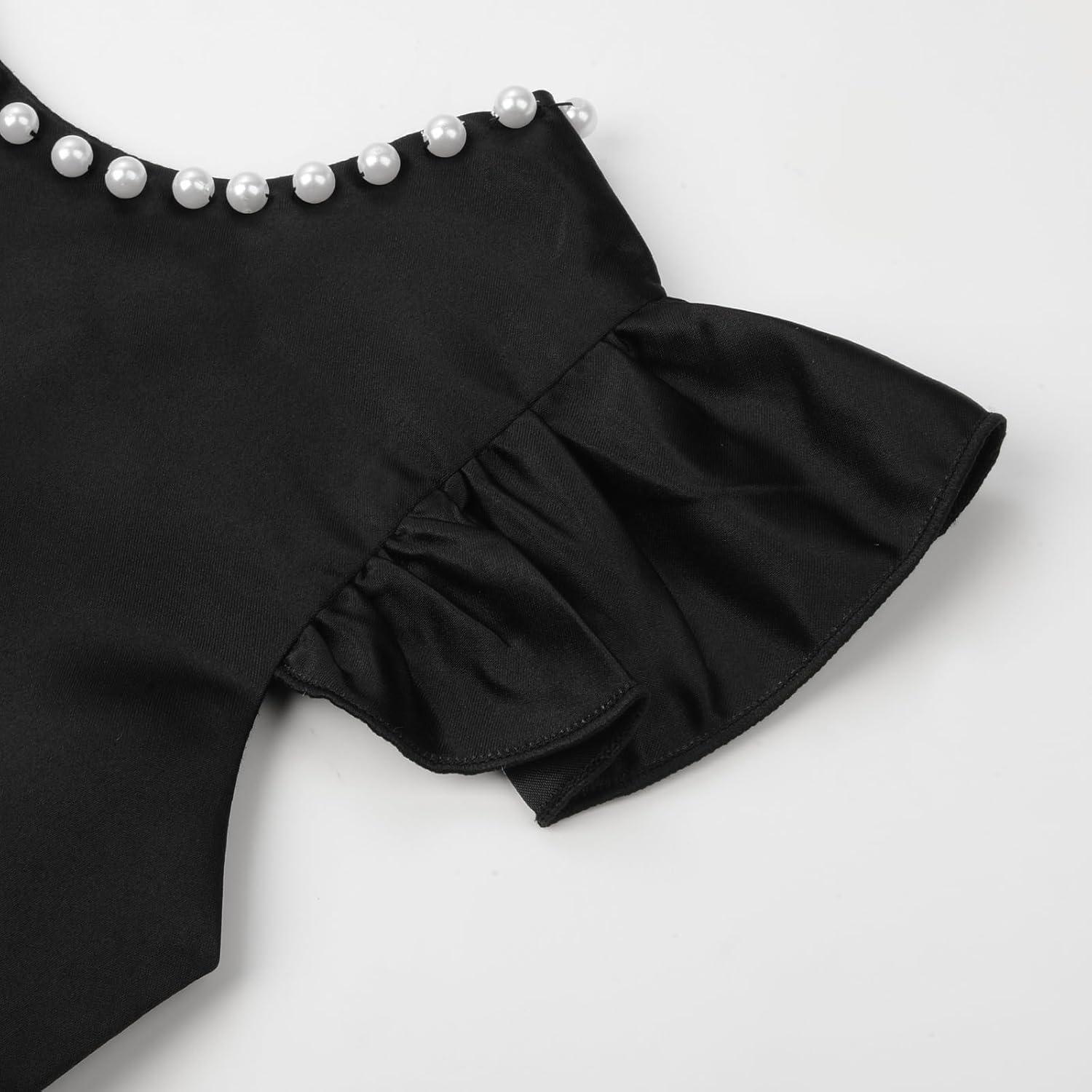 imageUhnice Flower Girl Satin Dress with Pearls Flutter Sleeves V Back Gown with Removable Bow for Wedding Birthday PartyBlack