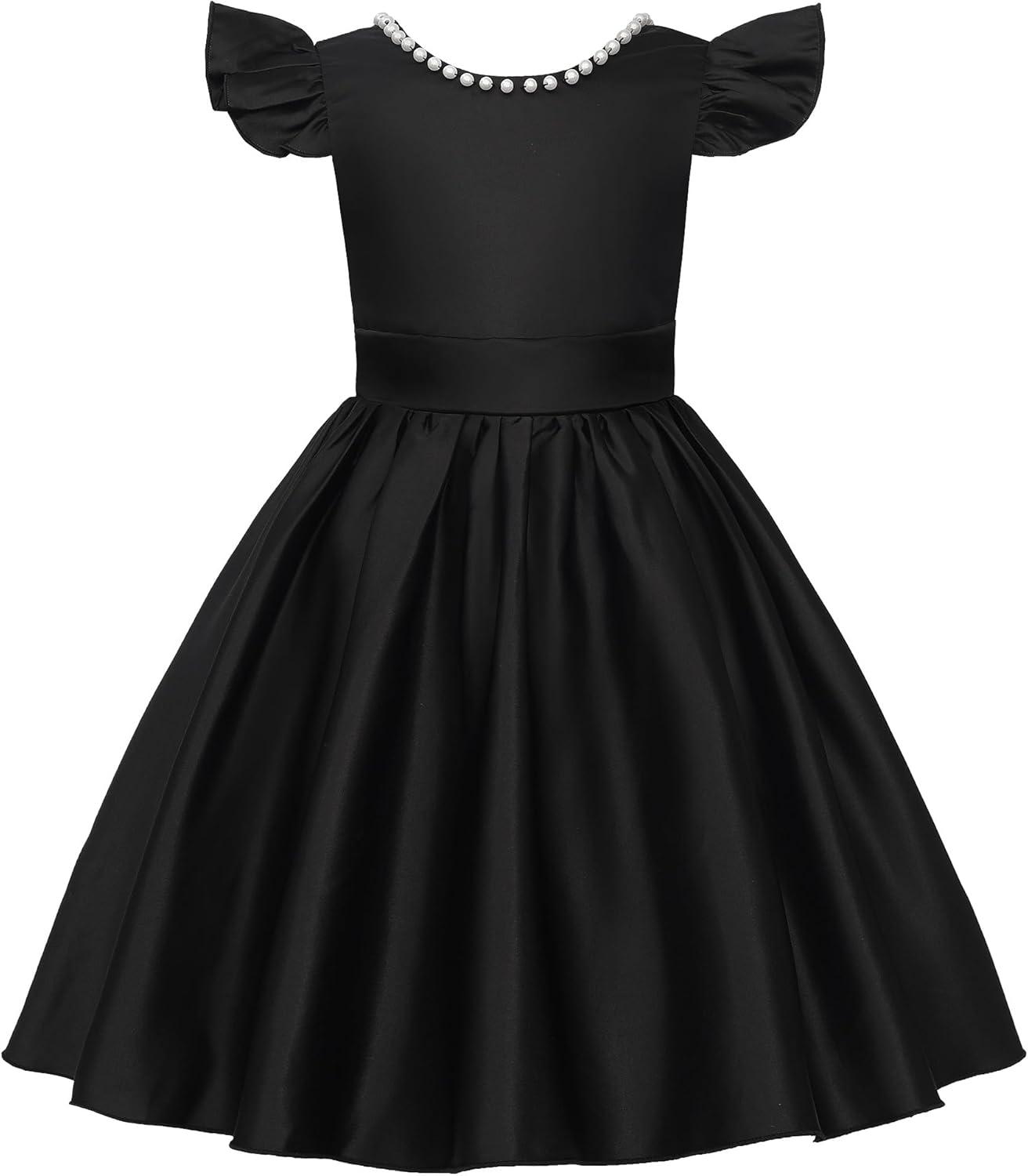 imageUhnice Flower Girl Satin Dress with Pearls Flutter Sleeves V Back Gown with Removable Bow for Wedding Birthday PartyBlack