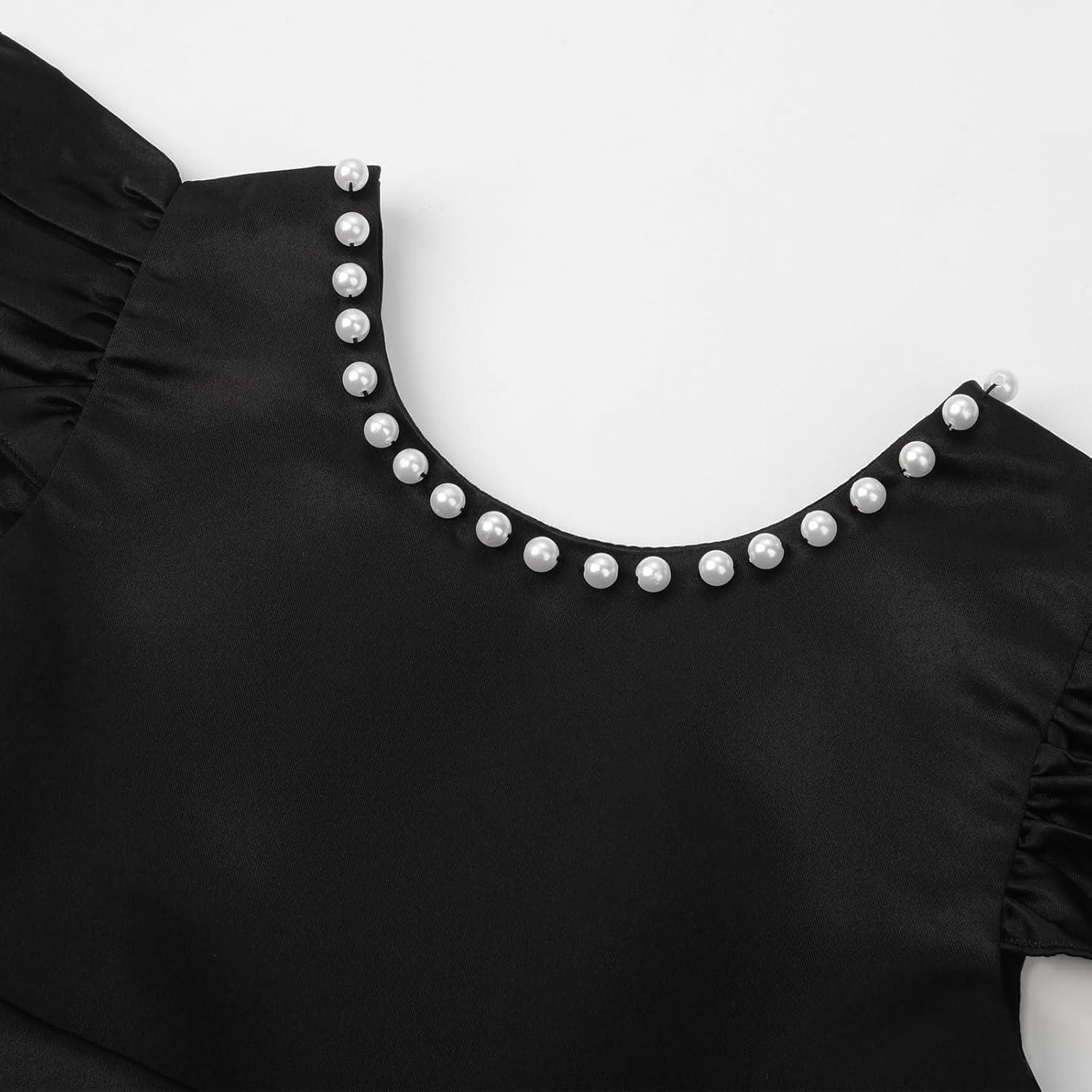 imageUhnice Flower Girl Satin Dress with Pearls Flutter Sleeves V Back Gown with Removable Bow for Wedding Birthday PartyBlack