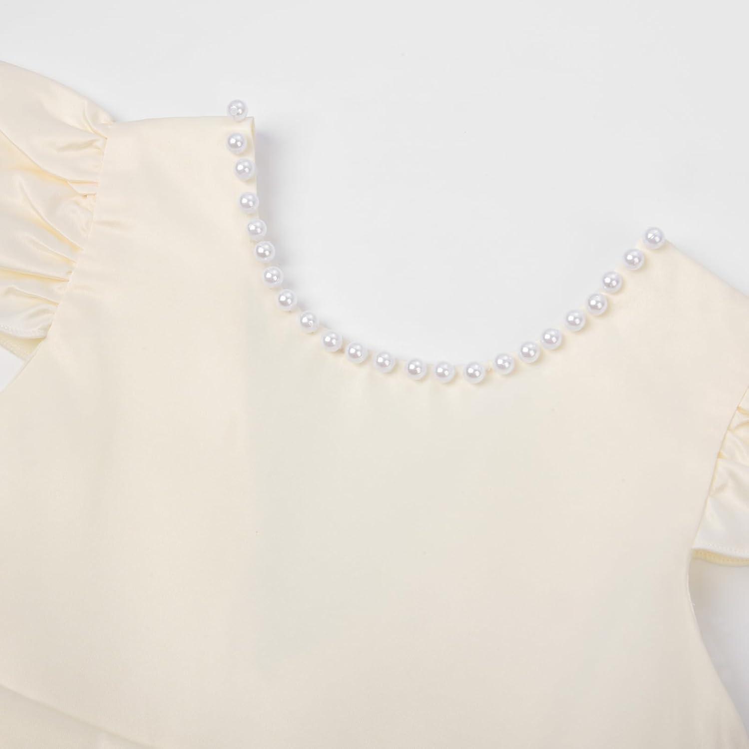 imageUhnice Flower Girl Satin Dress with Pearls Flutter Sleeves V Back Gown with Removable Bow for Wedding Birthday PartyChampagne