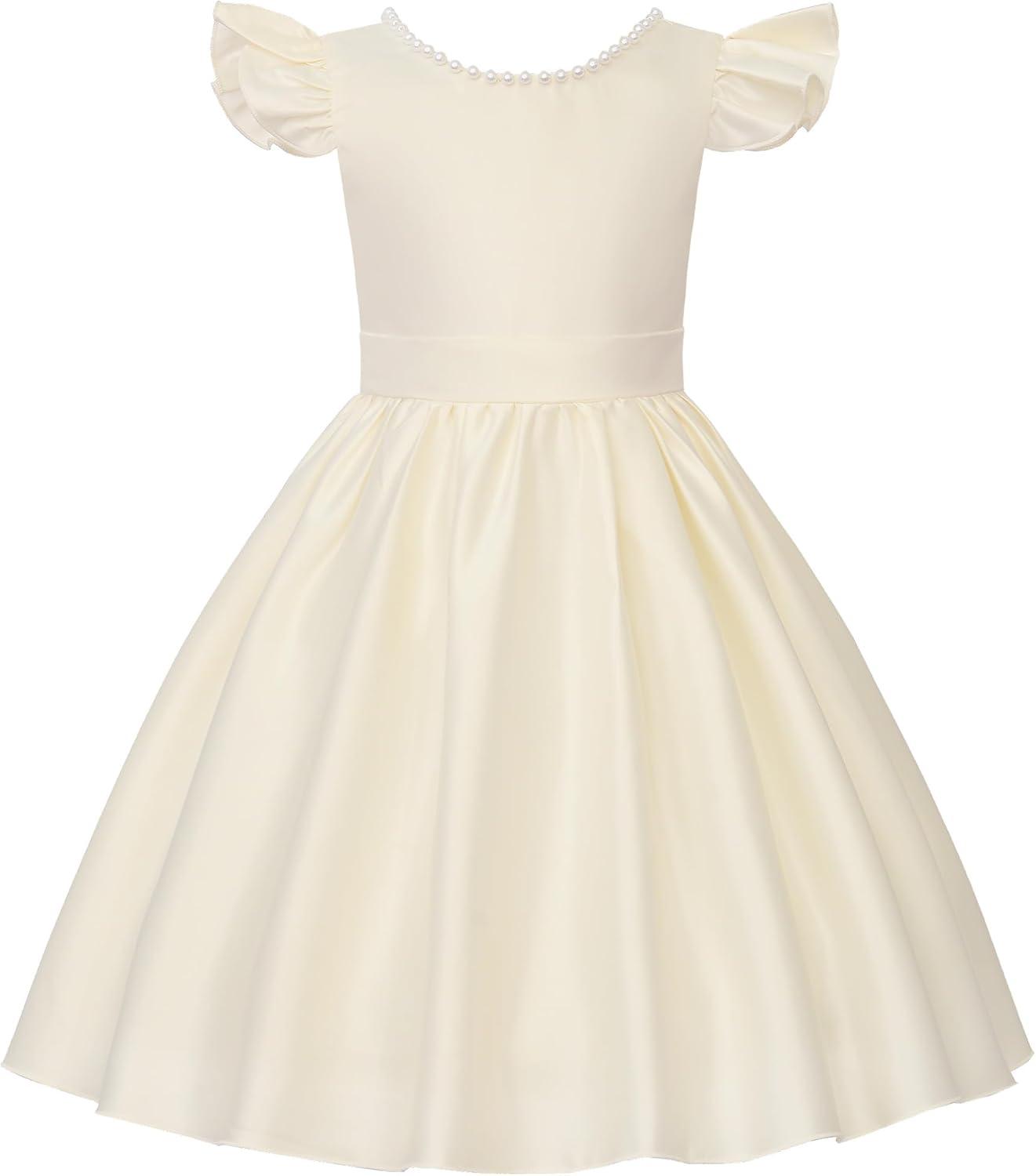 imageUhnice Flower Girl Satin Dress with Pearls Flutter Sleeves V Back Gown with Removable Bow for Wedding Birthday PartyChampagne