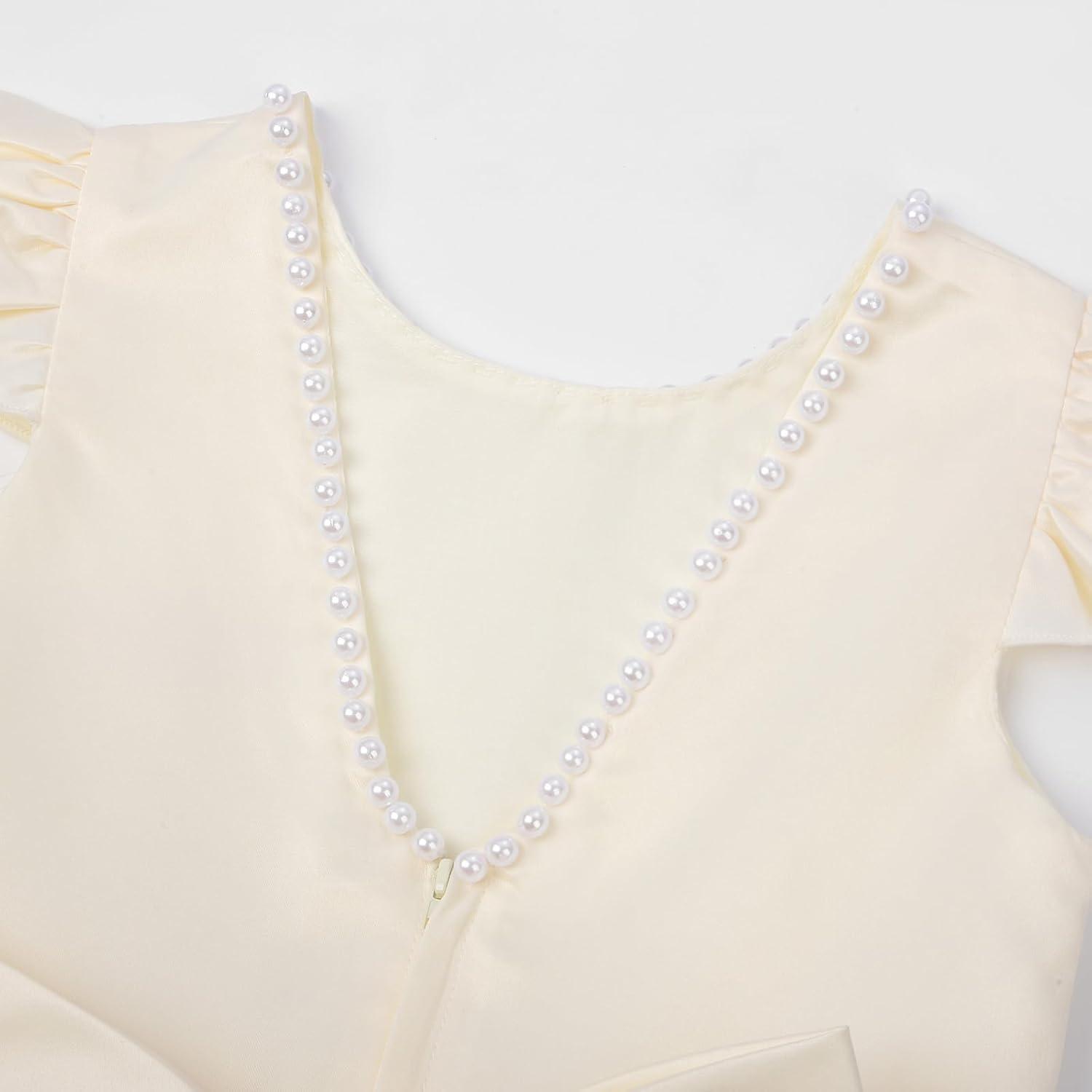 imageUhnice Flower Girl Satin Dress with Pearls Flutter Sleeves V Back Gown with Removable Bow for Wedding Birthday PartyChampagne