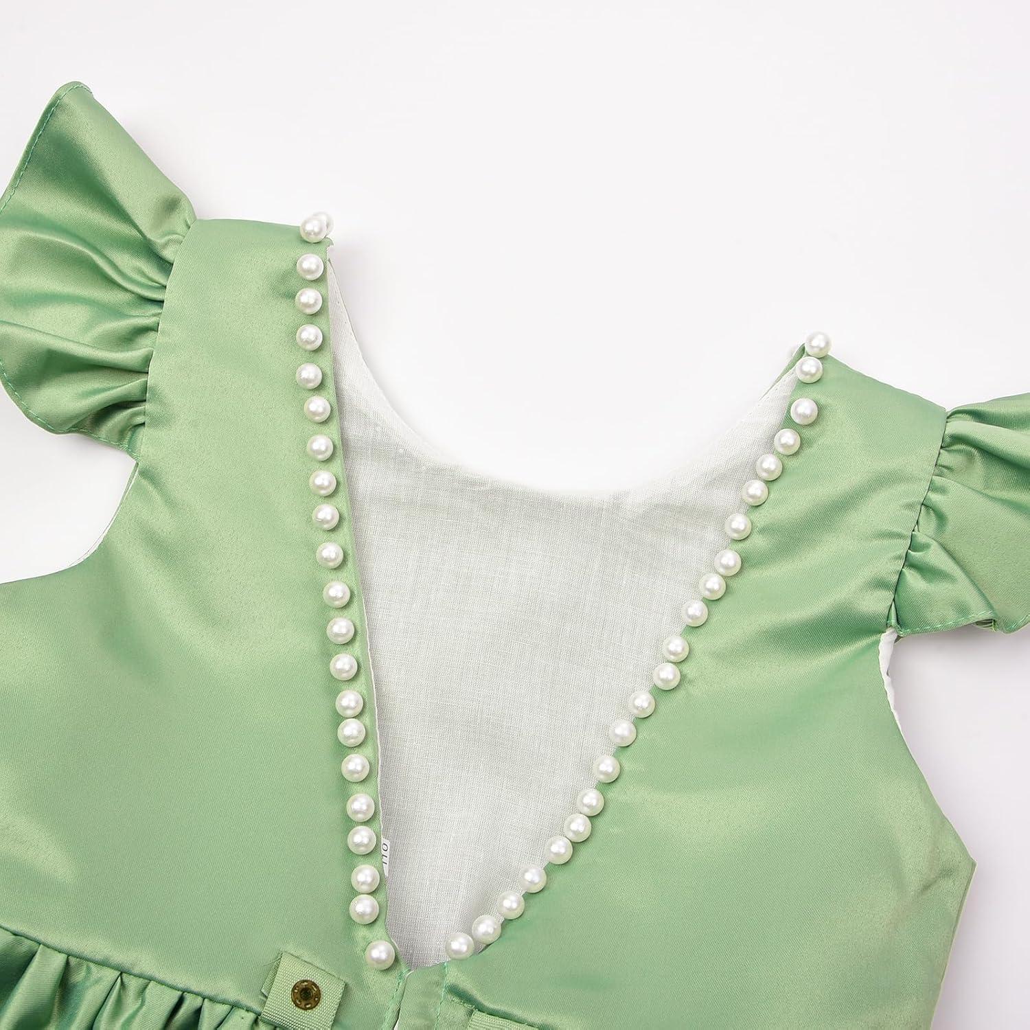 imageUhnice Flower Girl Satin Dress with Pearls Flutter Sleeves V Back Gown with Removable Bow for Wedding Birthday PartyGreen
