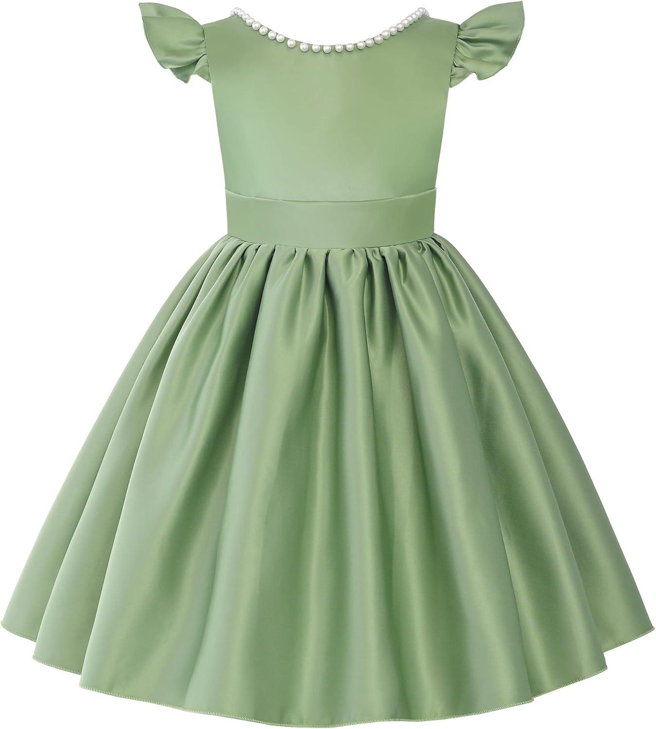 imageUhnice Flower Girl Satin Dress with Pearls Flutter Sleeves V Back Gown with Removable Bow for Wedding Birthday PartyGreen