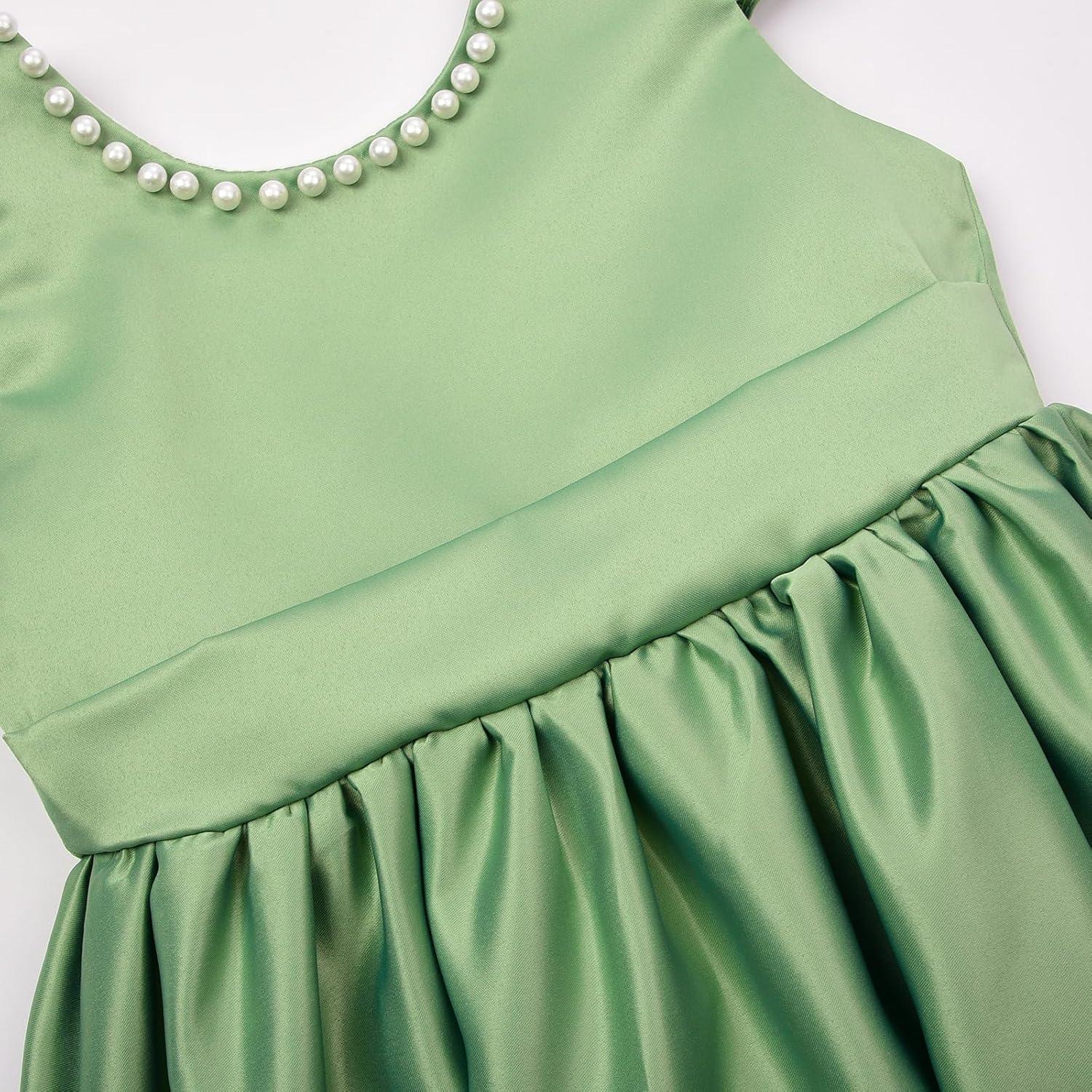 imageUhnice Flower Girl Satin Dress with Pearls Flutter Sleeves V Back Gown with Removable Bow for Wedding Birthday PartyGreen