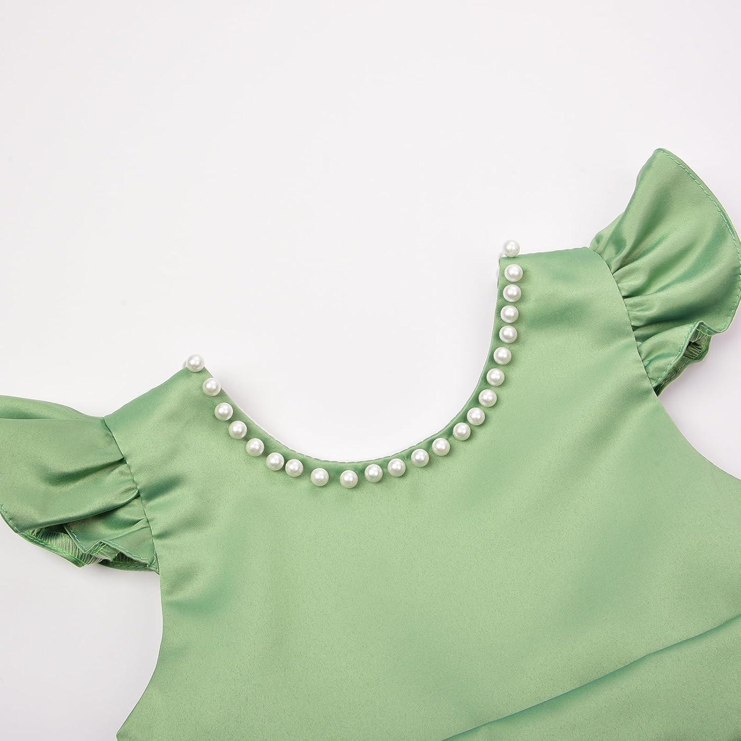 imageUhnice Flower Girl Satin Dress with Pearls Flutter Sleeves V Back Gown with Removable Bow for Wedding Birthday PartyGreen