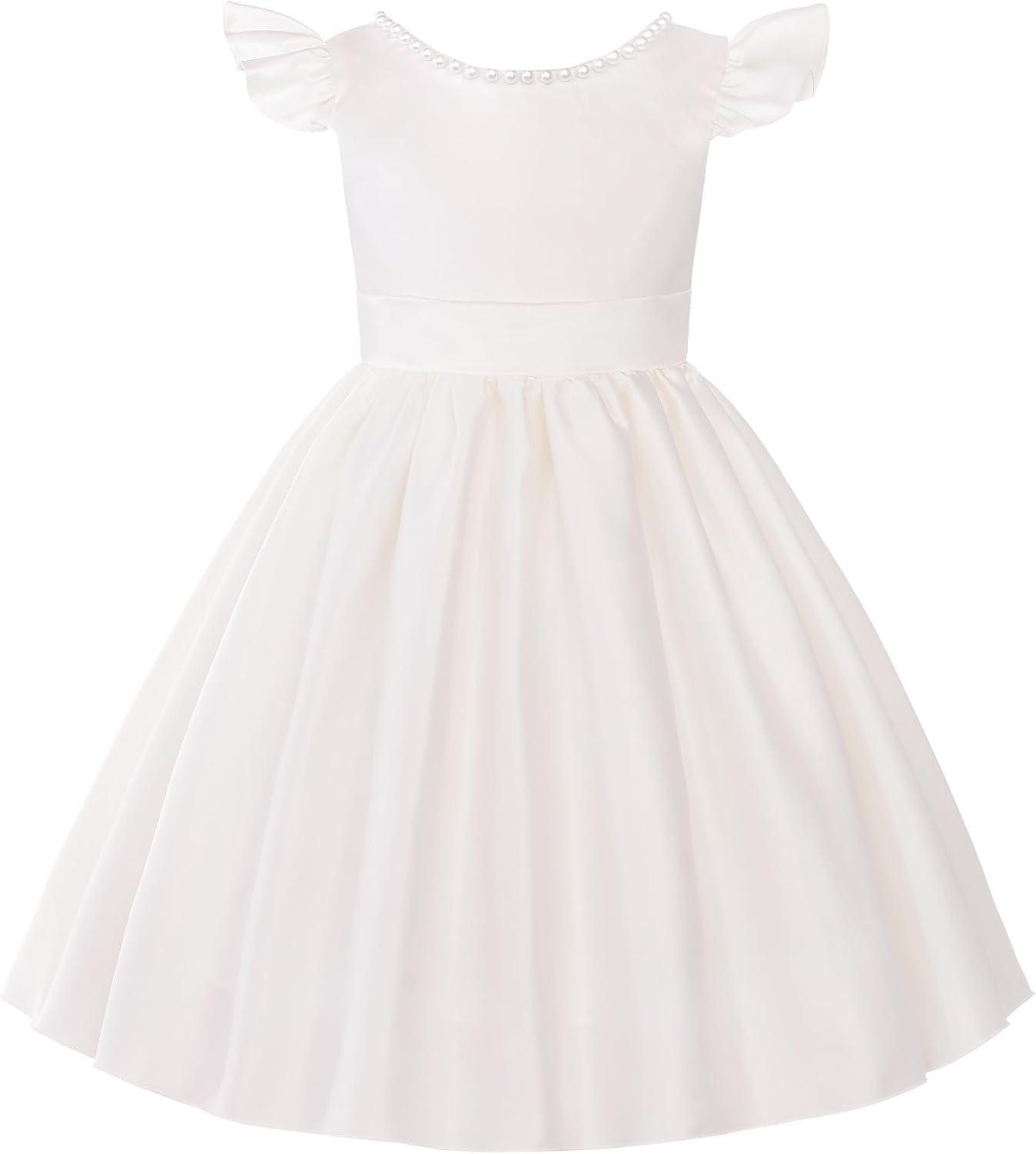 imageUhnice Flower Girl Satin Dress with Pearls Flutter Sleeves V Back Gown with Removable Bow for Wedding Birthday PartyIvory