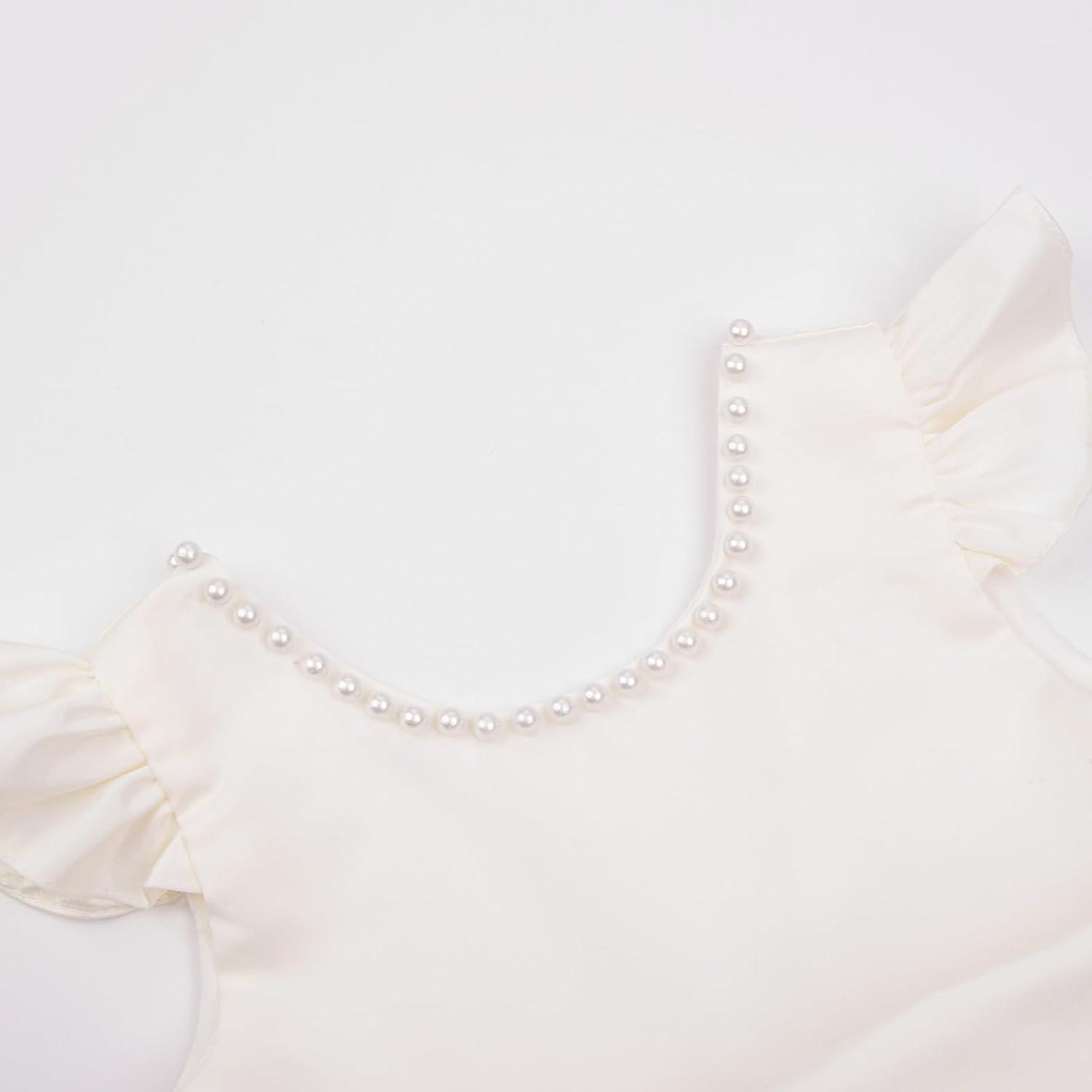 imageUhnice Flower Girl Satin Dress with Pearls Flutter Sleeves V Back Gown with Removable Bow for Wedding Birthday PartyIvory